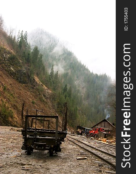 Abandoned mountain railway car landscape