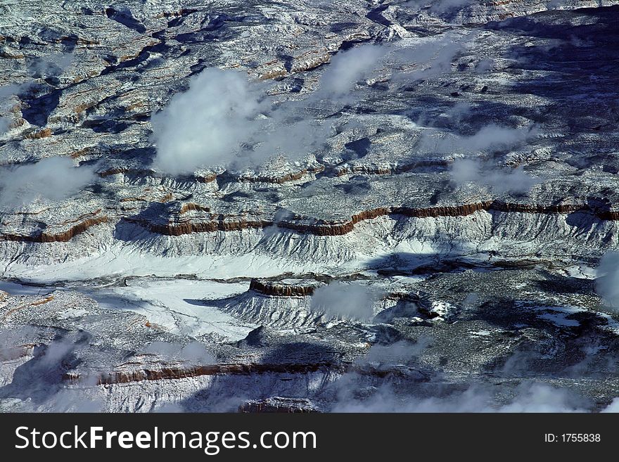 Snow covered canyon aerial view