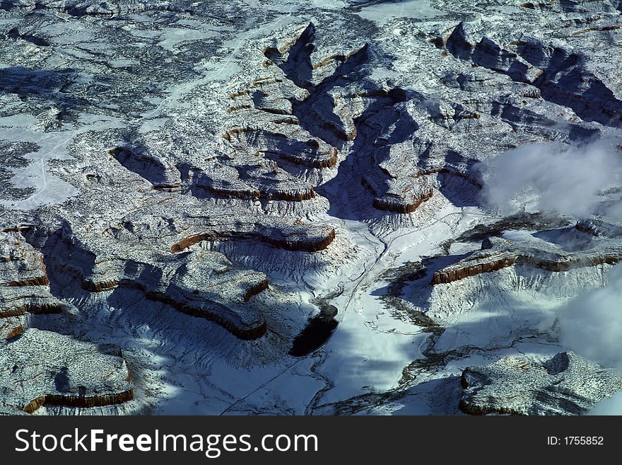 Snowy canyon aerial view winter