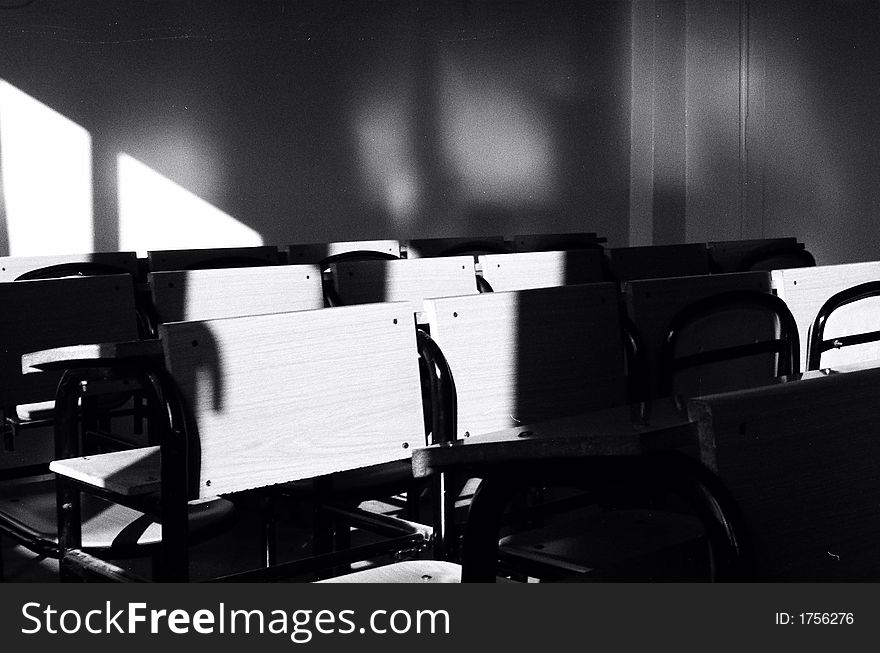 School desks are alone...they say hello to sun...