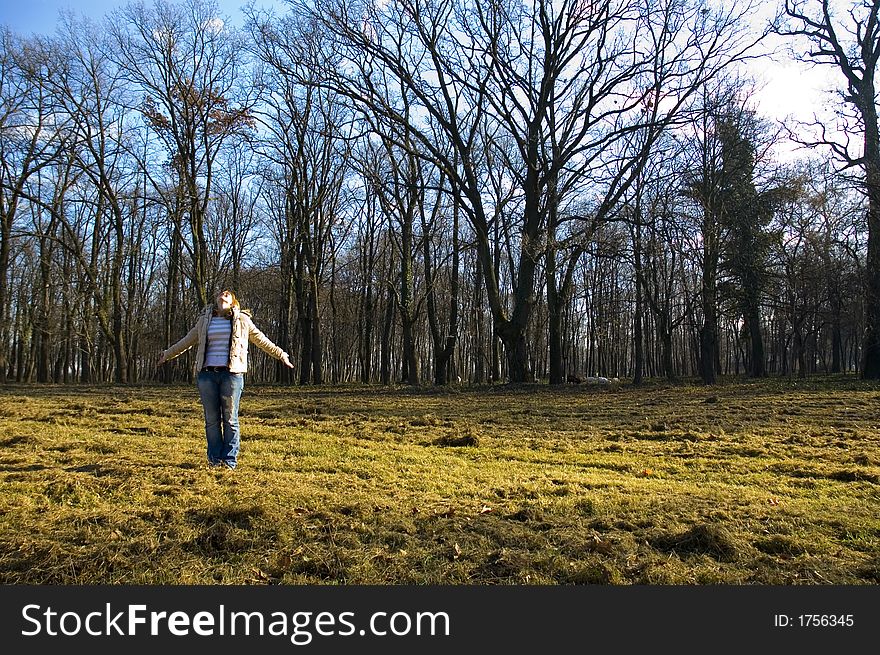 Happy woman and nature, wood, forest. Happy woman and nature, wood, forest