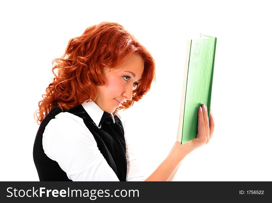 Young beautiful student girl read book