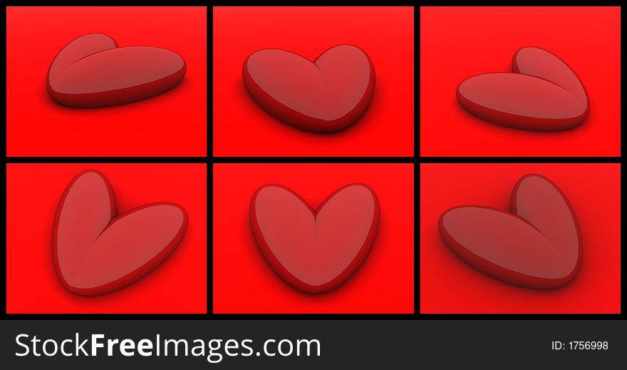 A purple heart on a red background is represented in the different foreshortenings