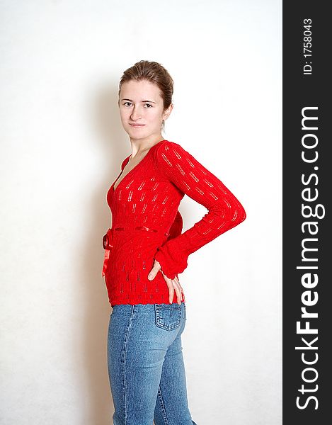 Young woman in red blouse