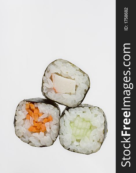 Different types of Sushi over white background