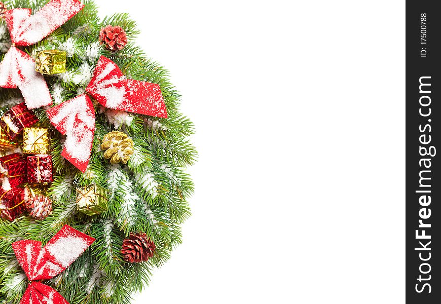 Green round Christmas wreath on white background