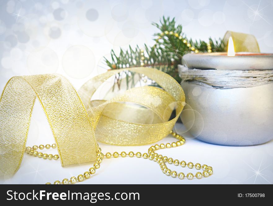 Christmas card. Candle and decoration isolated on white. Christmas card. Candle and decoration isolated on white