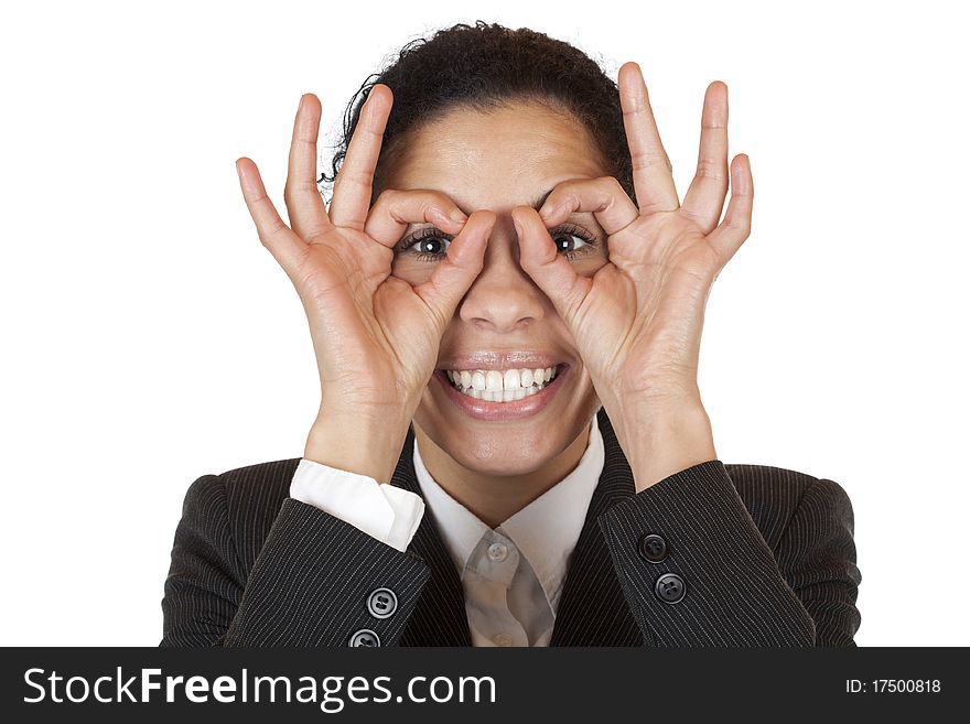 Woman looks through binoculars searching for business. Isolated on white background. Woman looks through binoculars searching for business. Isolated on white background.