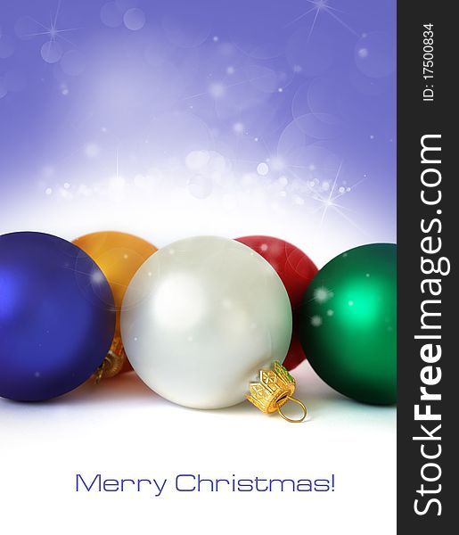 Christmas card. Five spheres on a white background