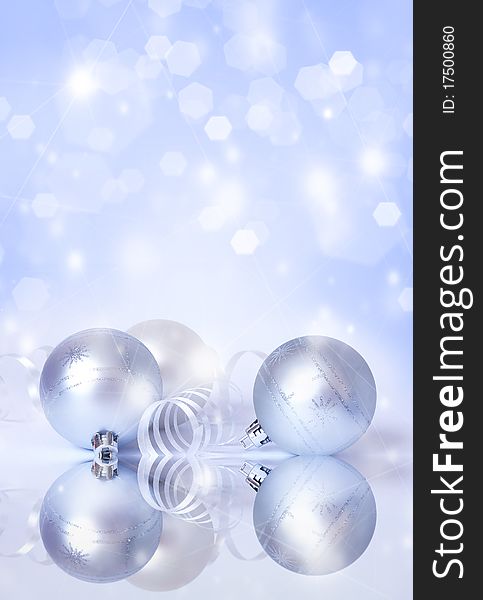 Christmas card. Three white spheres and streamer