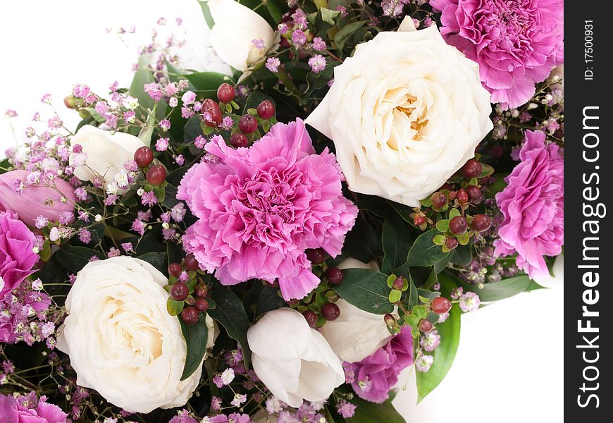 Closeup shot of colorful carnation tulip and rose bouquet