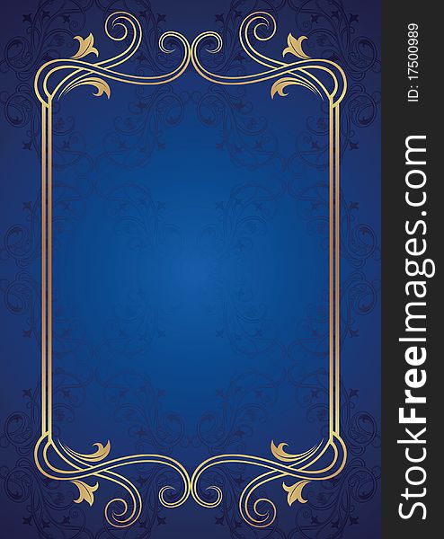 Ornate gold floral frame on abstract blue background.
