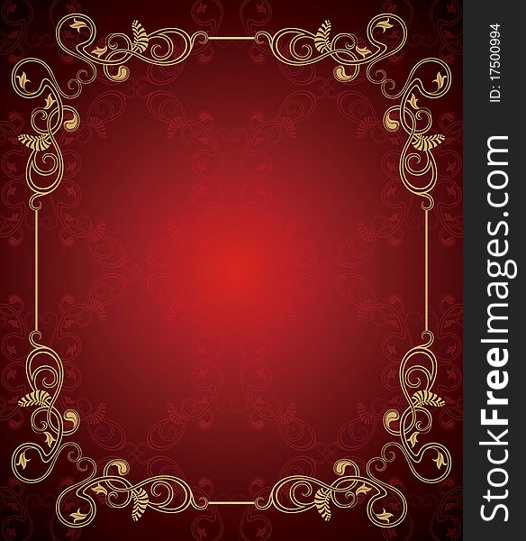 Ornate gold floral frame on abstract red background. Ornate gold floral frame on abstract red background.