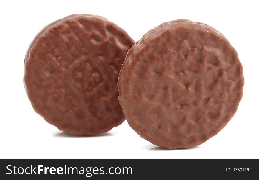 Cookies with chocolate glaze on a white background