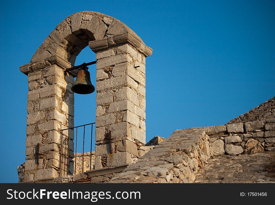 Greek orthodox church bell, Palamidi castle at Nafplio city, Peloponnese, Greece