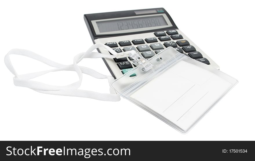 Badge and a calculator on a white background