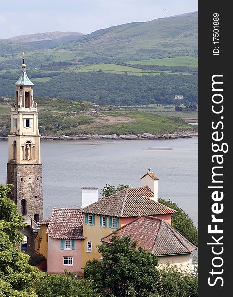 View over Government House in the mock Italianate village of Portmeirion, North Wales. View over Government House in the mock Italianate village of Portmeirion, North Wales