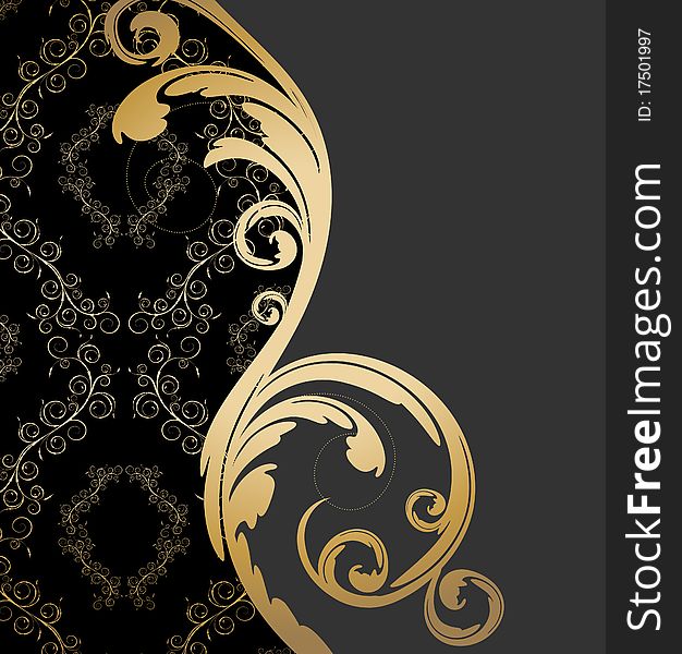 Black, gray and gold background with floral wave and ornament