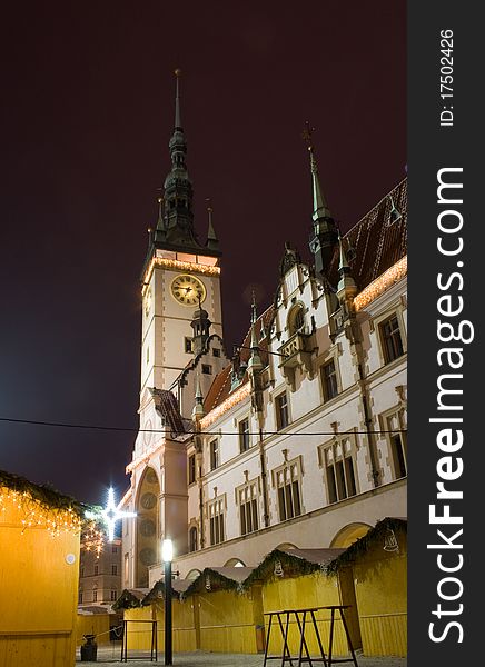 Christmas stalls and town hall in the square in Olomouc