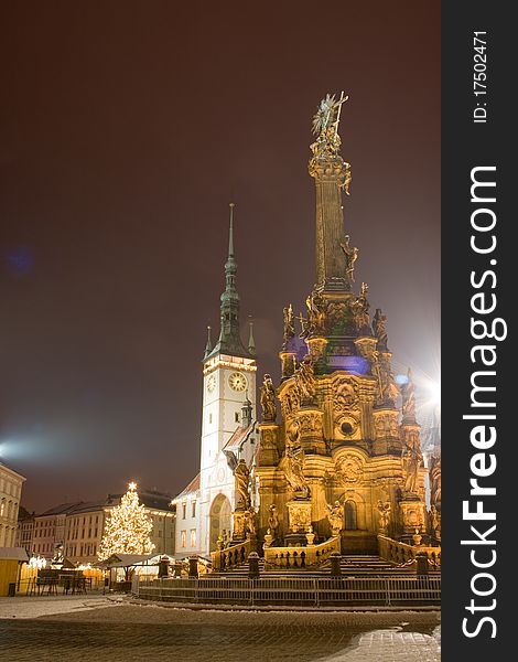 Holy Trinity Column in Olomouc with city hall and christmas tree