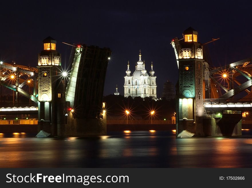 Night view on cathedral thru the leaf bridge. Night view on cathedral thru the leaf bridge