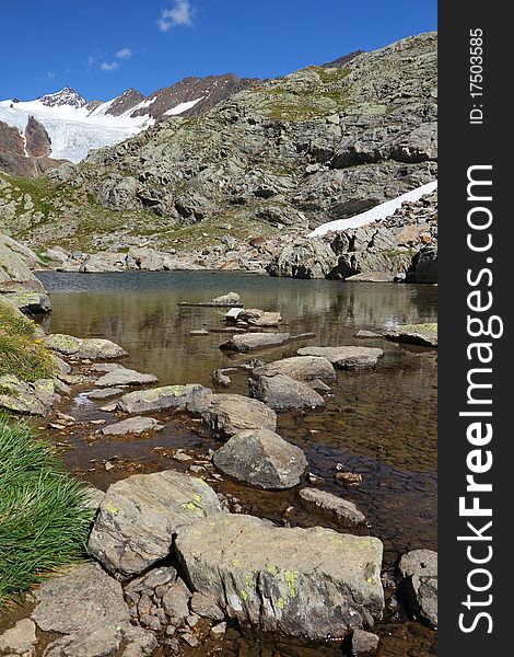 A small alpin lake at 2700 meters on the sea-level near Gavia Pass, Brixia province, Lombardy region, Italy. San Matteo glacier as background. A small alpin lake at 2700 meters on the sea-level near Gavia Pass, Brixia province, Lombardy region, Italy. San Matteo glacier as background