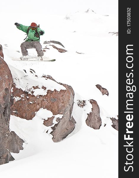 Freerider on the slope, Caucasus mountains