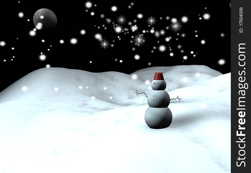 Snow man with a blue starry sky at the background