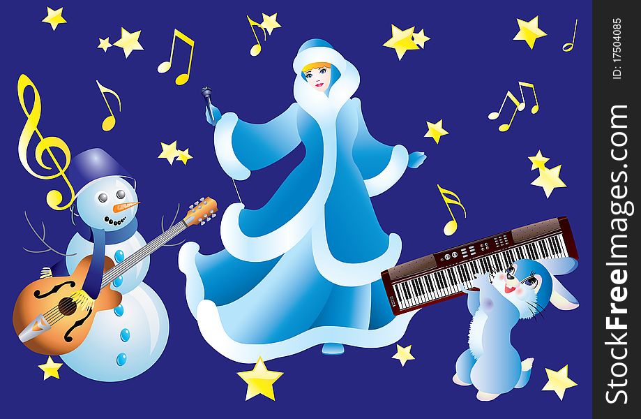 Snowman, Snow White and the rabbit with musical instruments on a blue background. Snowman, Snow White and the rabbit with musical instruments on a blue background.