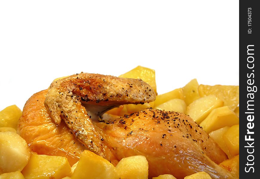 Tasty fries with chicken isolated on a white background