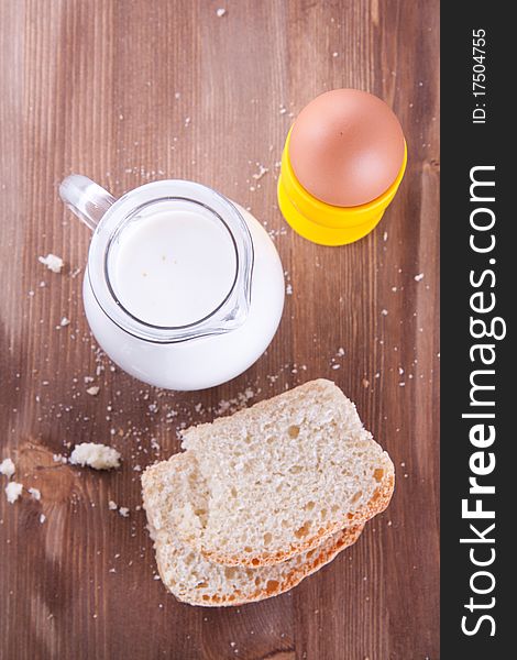 Breakfast with fresh bread, milk and egg