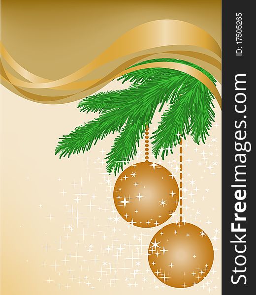 Abstract beige background with fir branches and two balls. Abstract beige background with fir branches and two balls