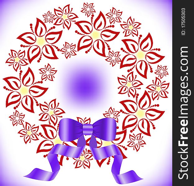 Round wreath of red flowers with a purple bow. Round wreath of red flowers with a purple bow