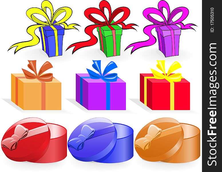 Set of nine colored boxes of various shapes. Set of nine colored boxes of various shapes