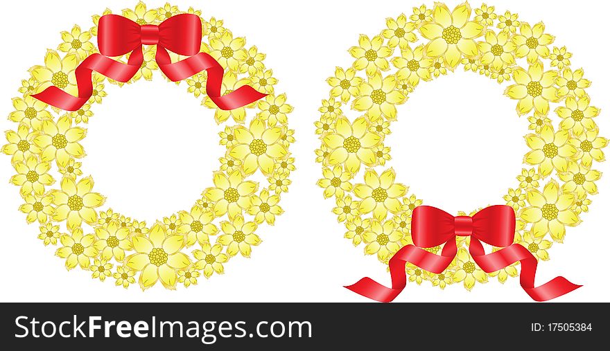 Two round wreath of yellow flowers with red ribbons. Two round wreath of yellow flowers with red ribbons
