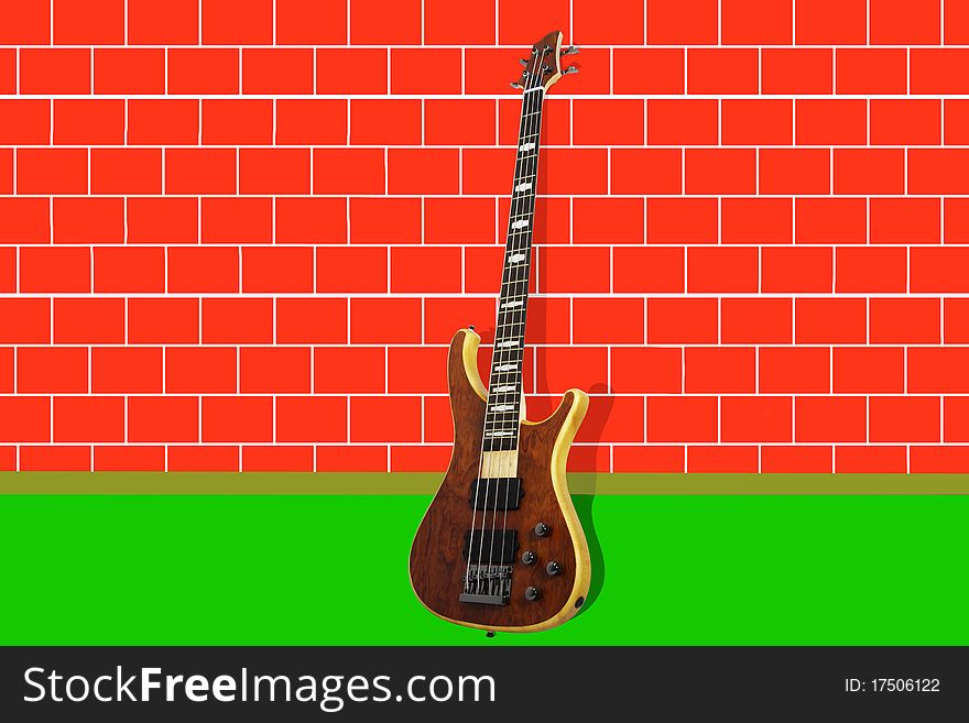 Vector illustration of guitar near brick red wall