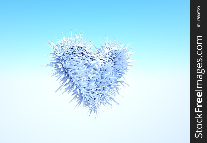 A cold frosted heart floating in a blue sky. A cold frosted heart floating in a blue sky