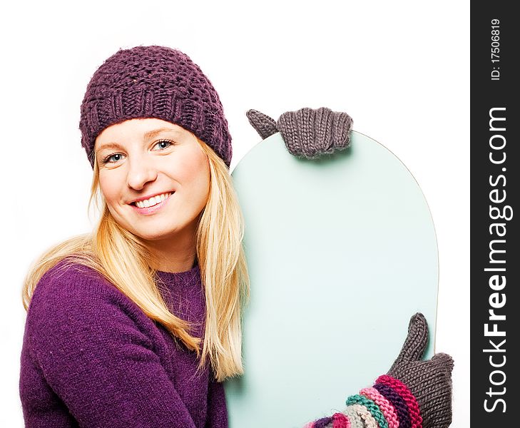 Beauty young woman with snowboard (isolated on a white)