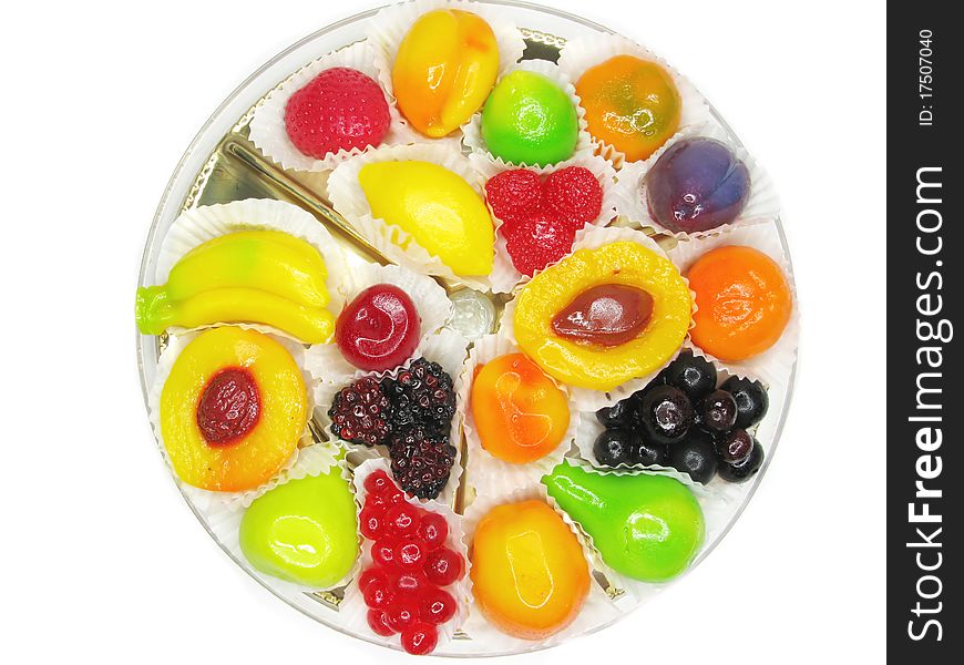 Marmalade gelatin fruits dessert covered with sugar isolated