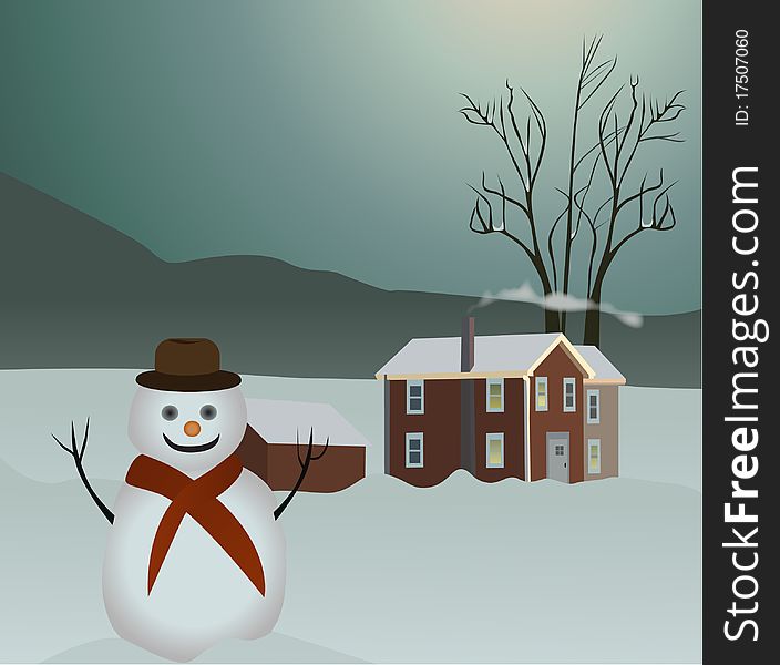 This is an illustration of a snowman placed in a house front yard during a winter night.