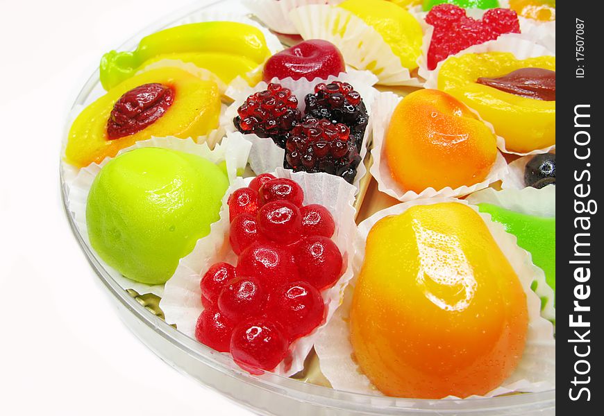 Marmalade gelatin fruits dessert covered with sugar isolated