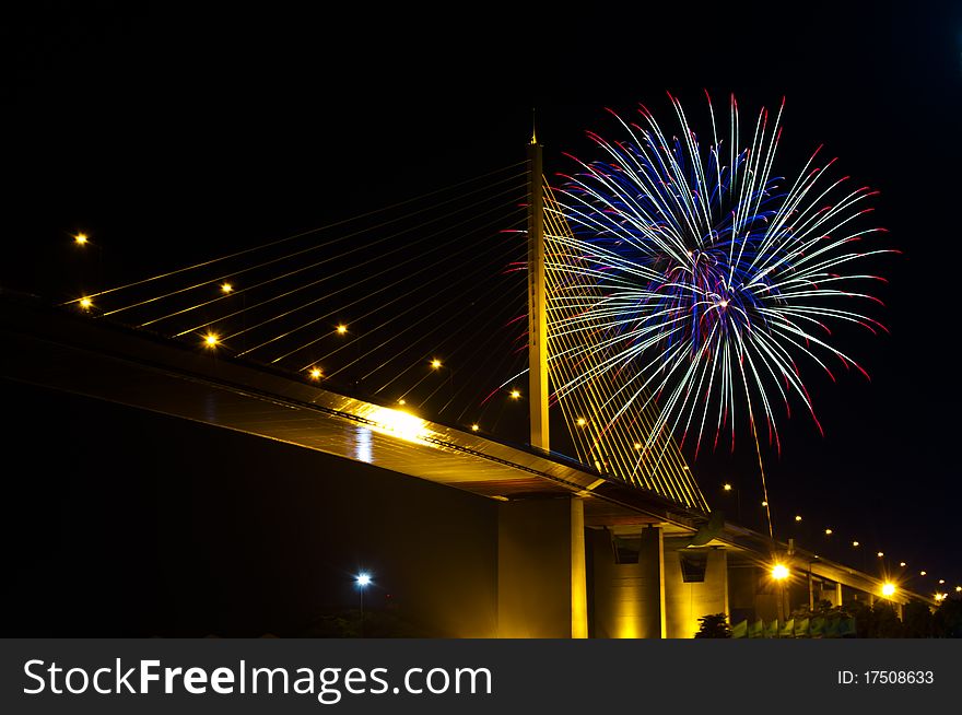 Fire work with Rama IX bridge. Fire work with Rama IX bridge