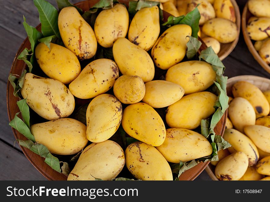 View of golden mangoes background