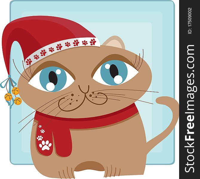 Kitten sitting in a red Christmas hat and scarf. Kitten sitting in a red Christmas hat and scarf