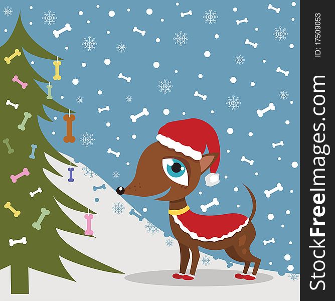 Pinscher puppy with bones and Christmas tree. Pinscher puppy with bones and Christmas tree