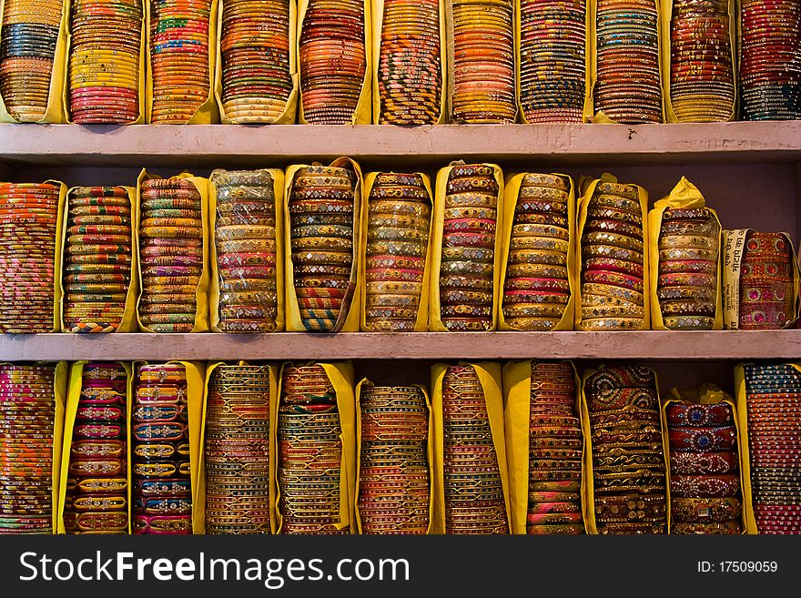 Many colrful bracelets for sale in an indian store. Many colrful bracelets for sale in an indian store