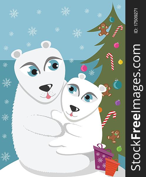 White bears with presents and Christmas tree. White bears with presents and Christmas tree