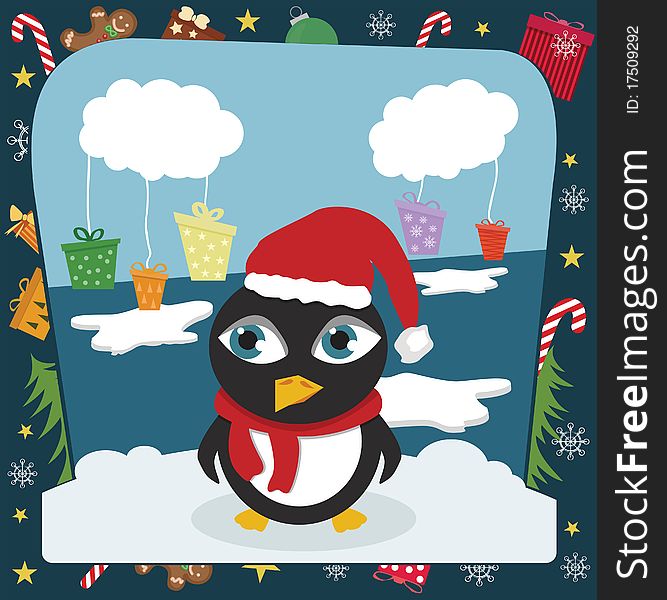 Penguin in Christmas hat with presents. Penguin in Christmas hat with presents