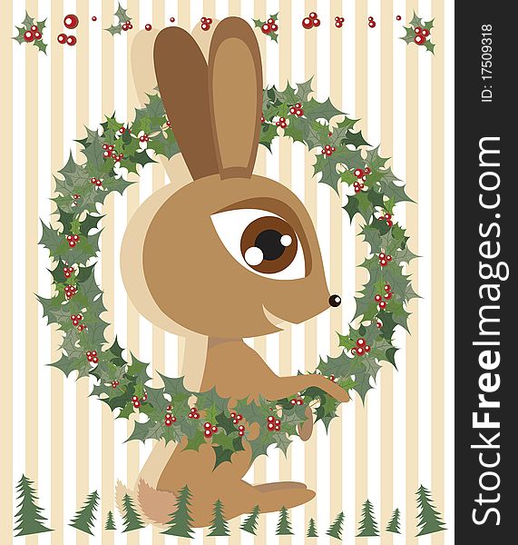 Christmas Rabbit holding wreaths with holly