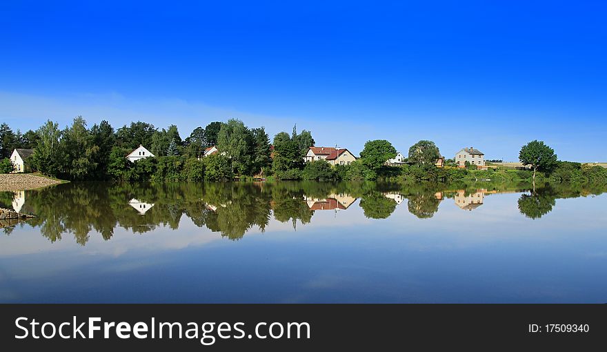 Summer landscape with a pond and trees